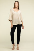 Zenana Brushed Waffle Exposed-Seam 3/4 Sleeve Top ZENANA