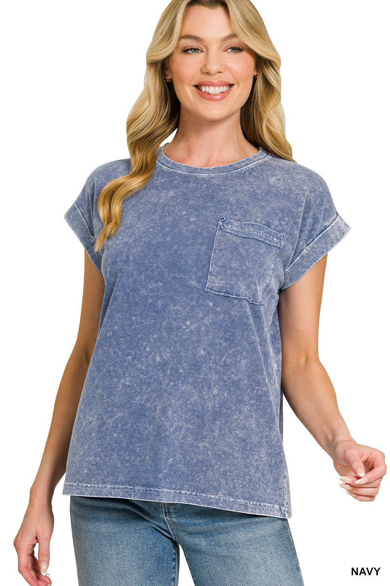 Zenana Navy Halo Snow Washed Cuffed Short Sleeve Tee NAVY