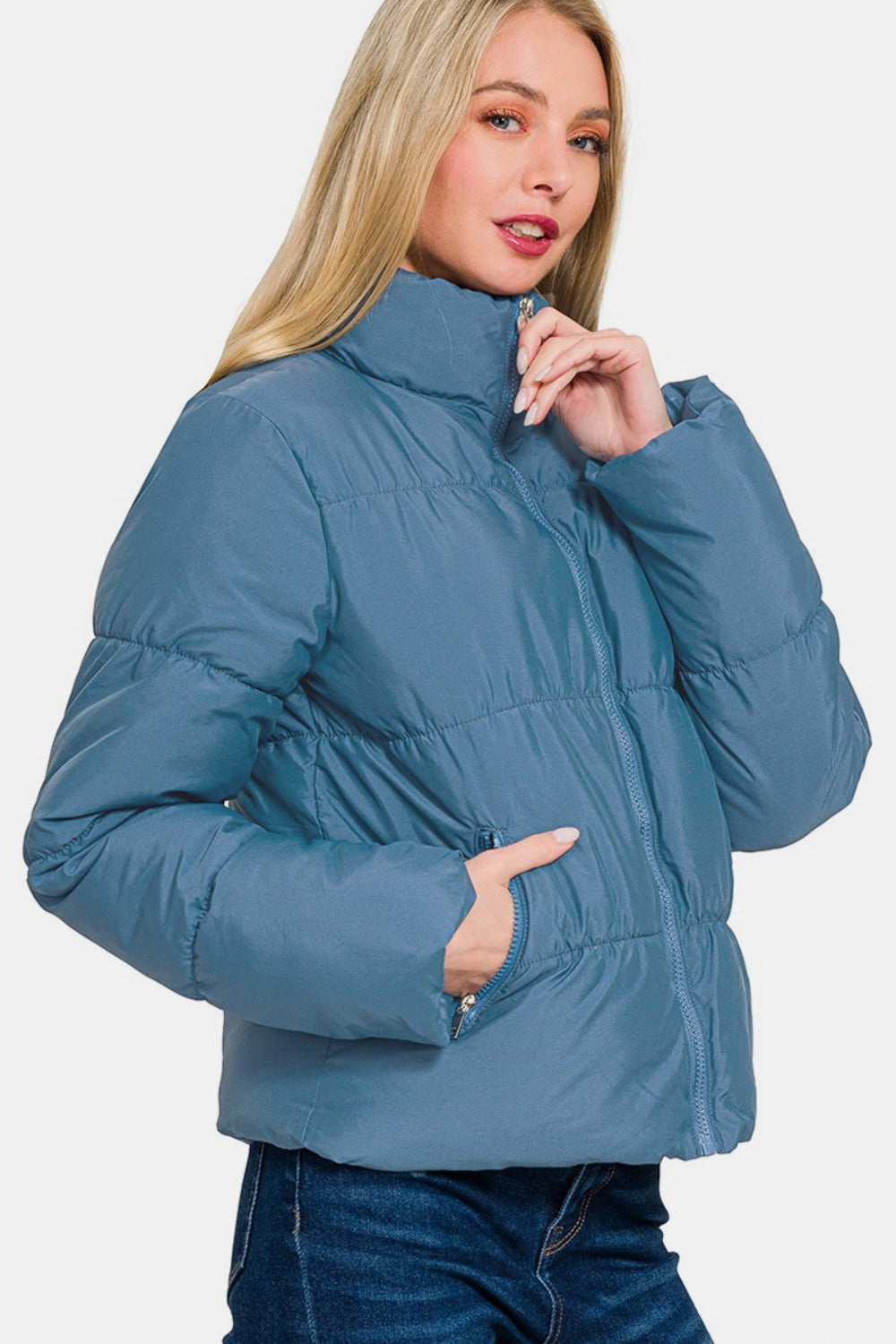 Zenana Dusty Blue Zip Up Turtleneck Puffer Jacket with Pockets Trendsi