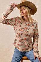 BiBi Taupe Floral Print Washed Waffle Thermal Top with Thumb