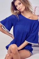 BiBi Royal Blue Popcorn Waffle Knit Top with Pompom Lace ROYAL