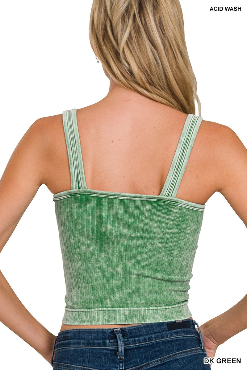 Zenana Dark Green Washed Ribbed Seamless Cropped V-neck Tank Top
