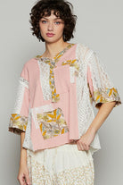 POL Vintage Washed Lace Patchwork Printed Half Button Top in Watermelon Pink Watermelon pink