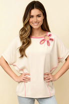 Haptics Light Blue Floral Shape Detail With O Ring Dolman Top