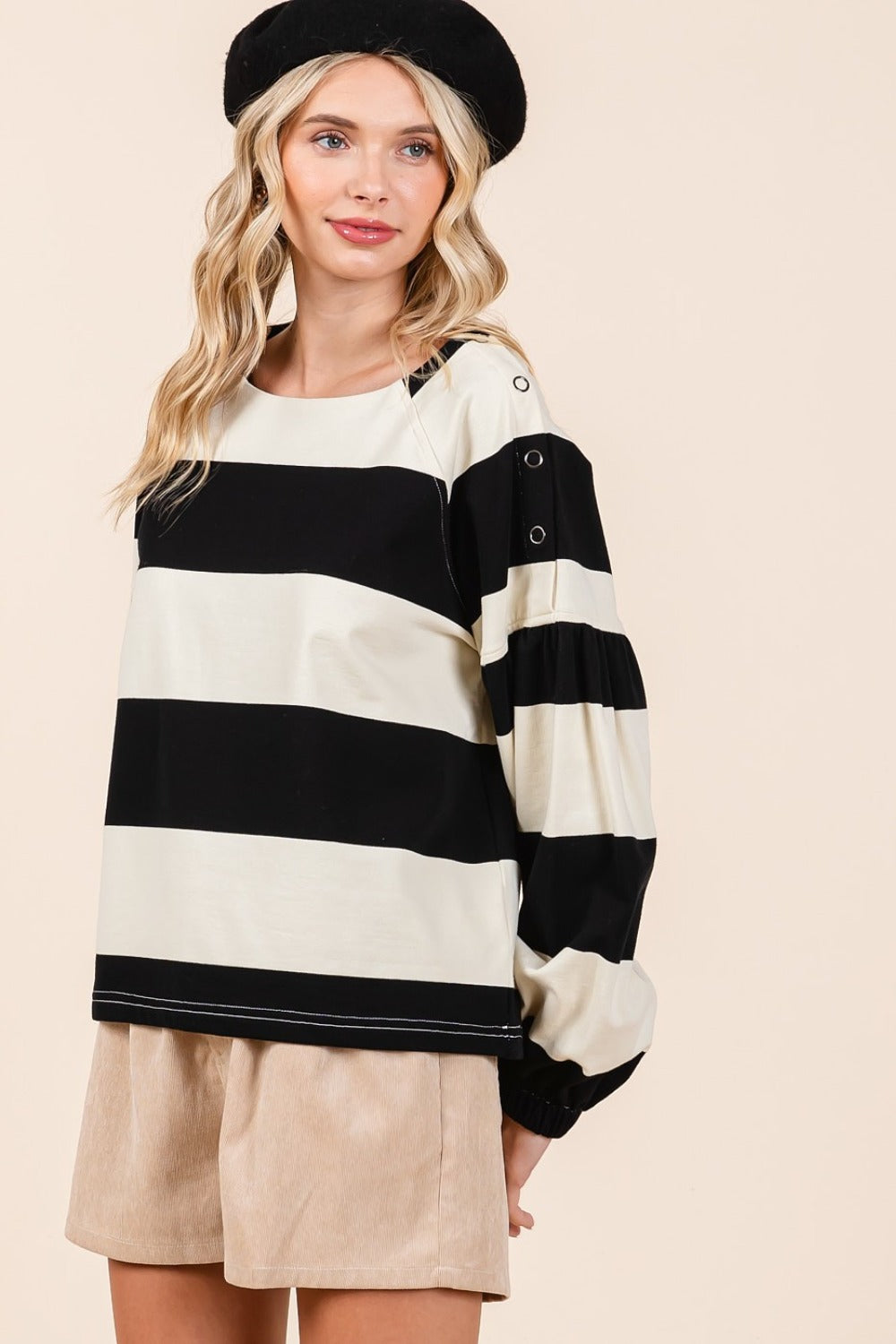 Mittoshop Black & Ivory Striped Snap Shoulder Long Sleeve T-Shirt Shirts & Tops