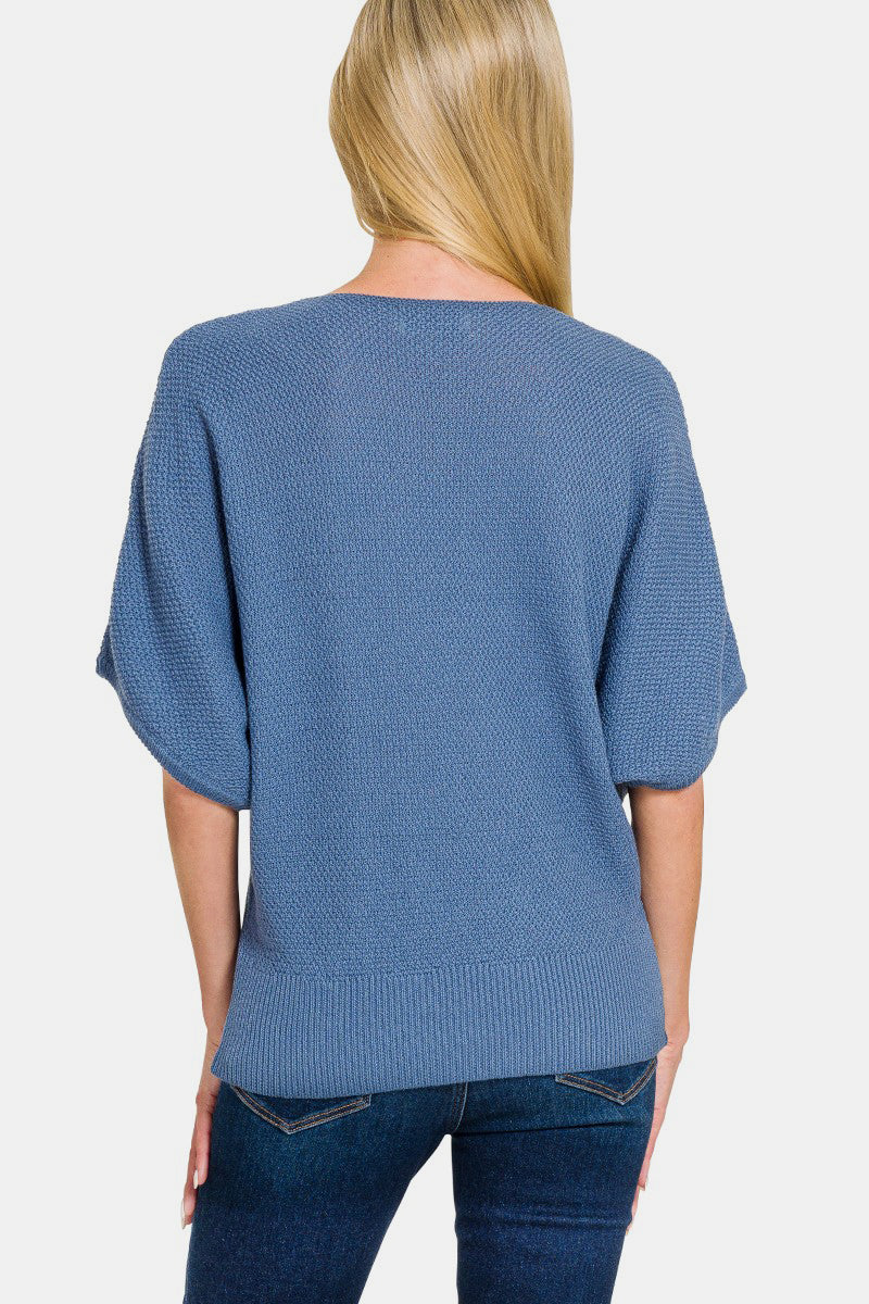 Zenana Dusty Blue V-Neck Short Sleeve Dolman Sweater Trendsi