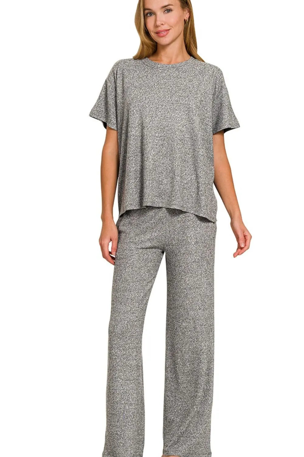 Zenana Gray Soft Melange Short Sleeve Tee & Long Pants Set Gray