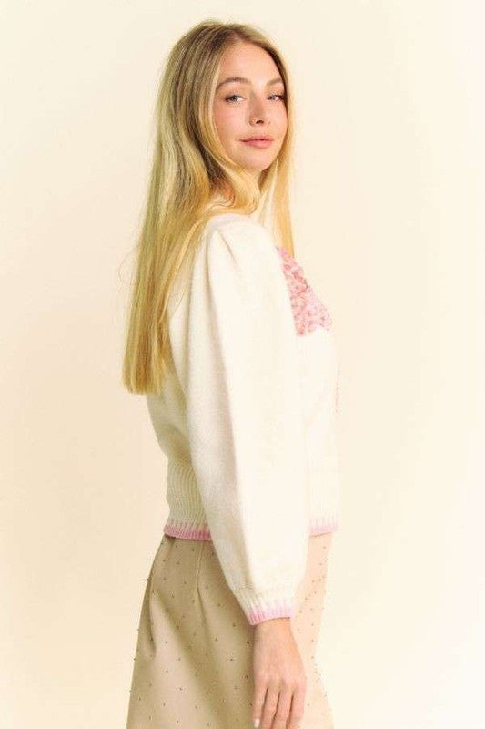 Davi & Dani Has Ivory Flower Patch Fuzzy Mock Neck Sweater