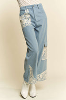 Davi & Dani Lace Applique Wide Leg Light Washed Jeans Pants