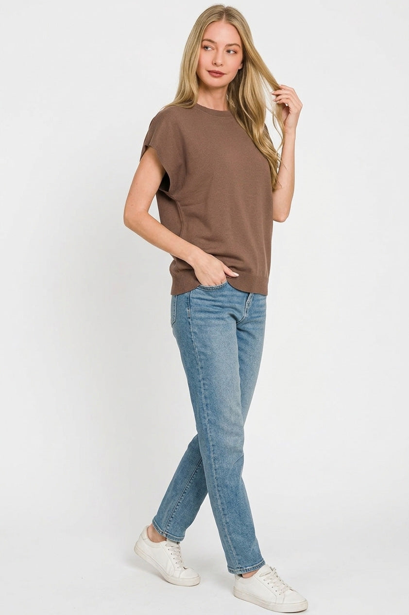 Zenana Brown Viscose Round-neck Short Sleeve Sweater
