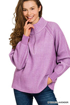 Zenana Ribbed Two-Tone Half Zip Sweater — Violet/Lavender