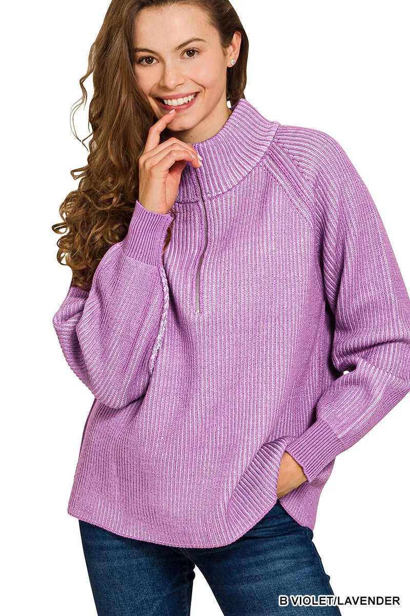 Zenana Ribbed Two-Tone Half Zip Sweater — Violet/Lavender