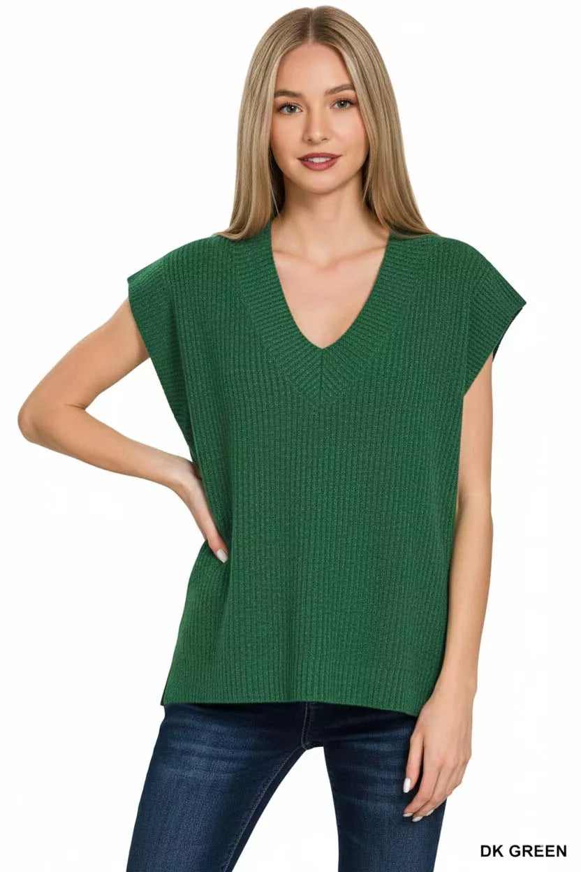 Zenana Dark Green Ribbed Slit V-Neck Sweater Vest
