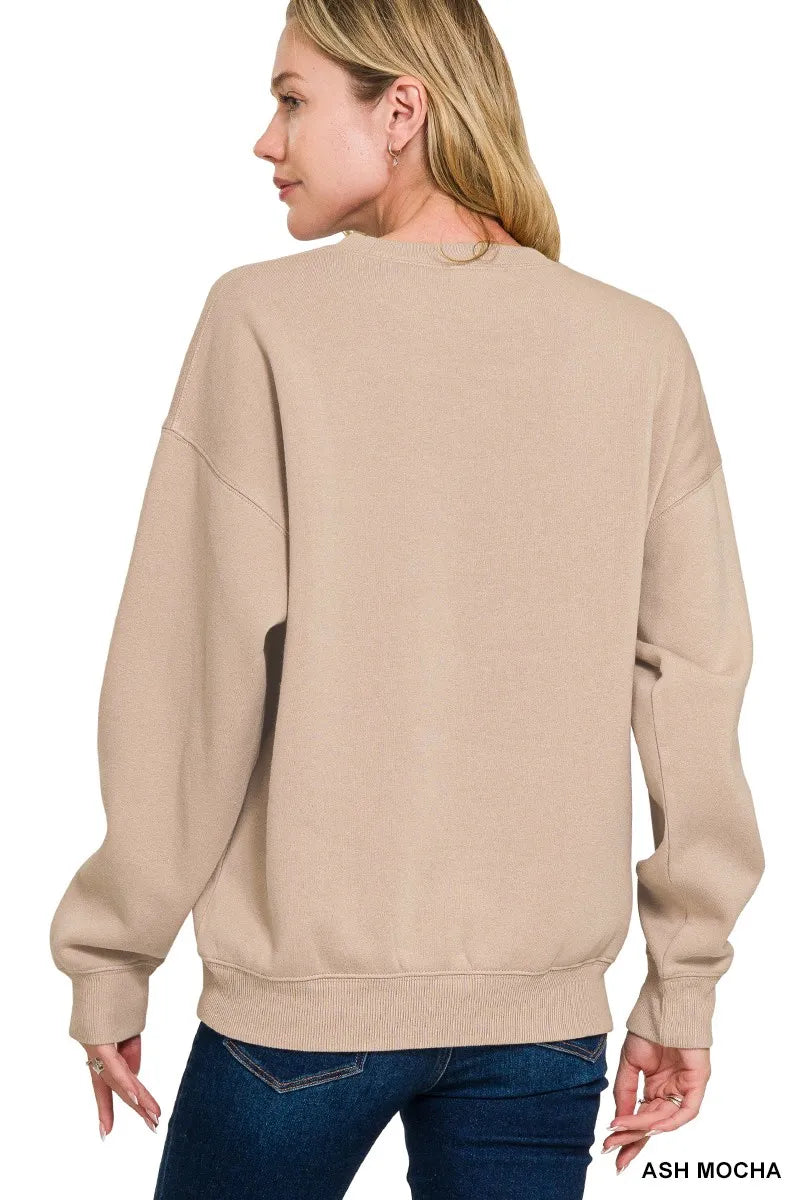 Zenana Ash Mocha Fleece Crewneck Long Sleeve Sweatshirt