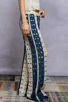POL Natural & Navy Openwork Wide Leg Pants with Stripe Detail
