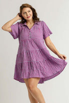 Umgee Red Violet Gingham Tiered Button Detail Short Sleeve Dress