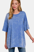 Zenana Blue Washed Round Neck Drop Shoulder Oversized T-Shirt Shirts & Tops