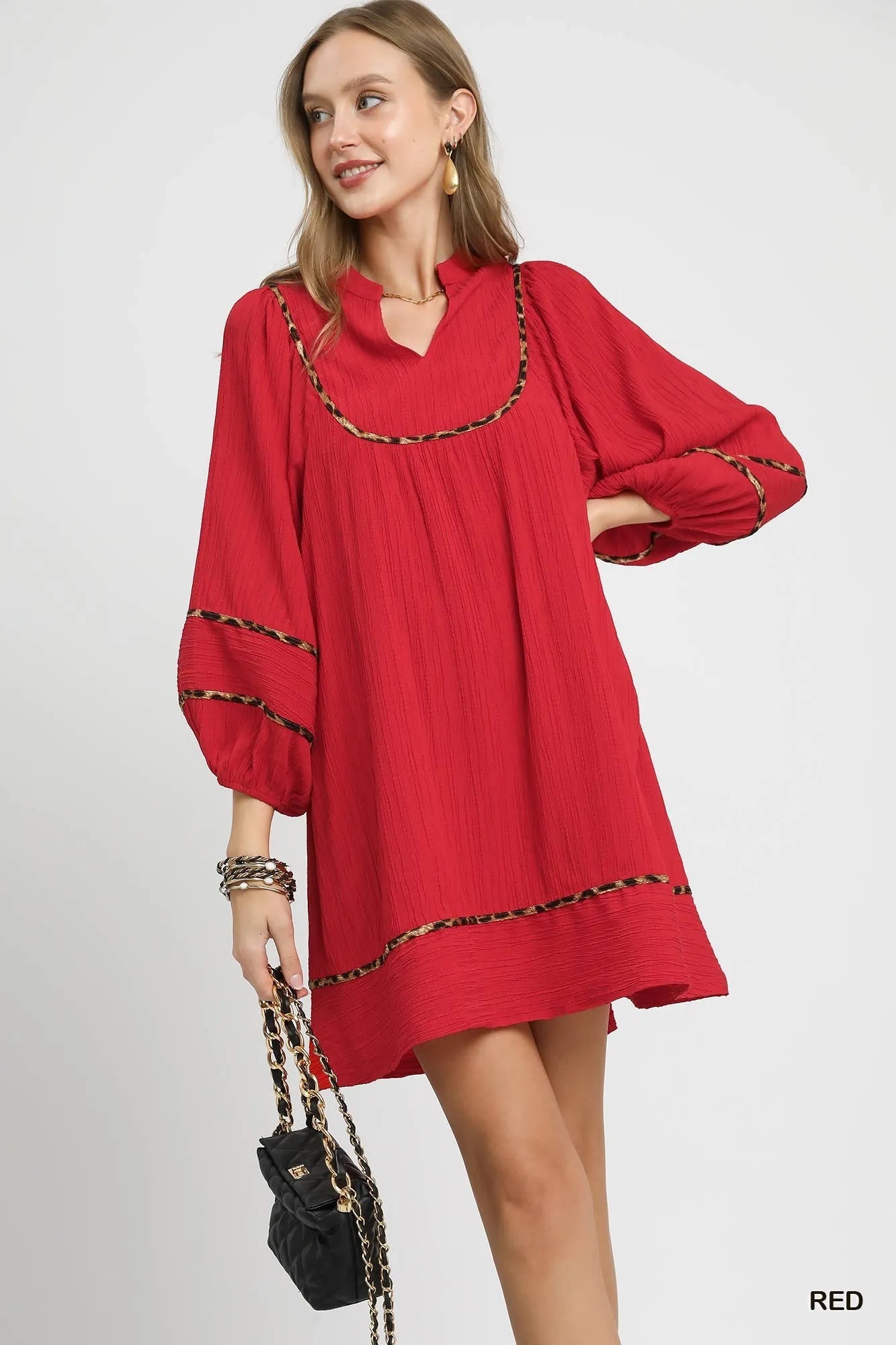 Umgee Red Textured Babydoll Dress with Leopard Trim Red
