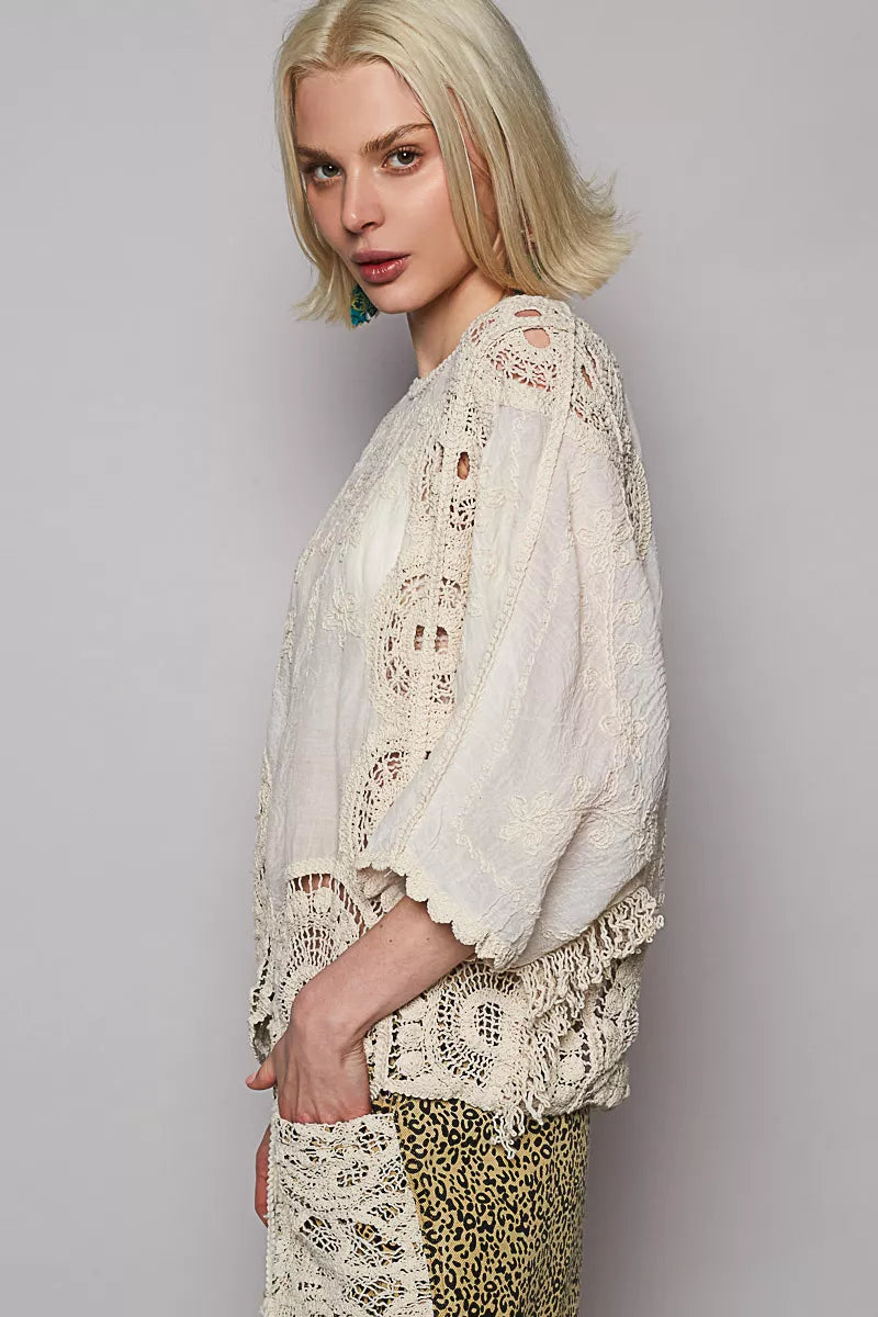 POL Natural Round Neck Crochet Top with Floral Embroidery Detail