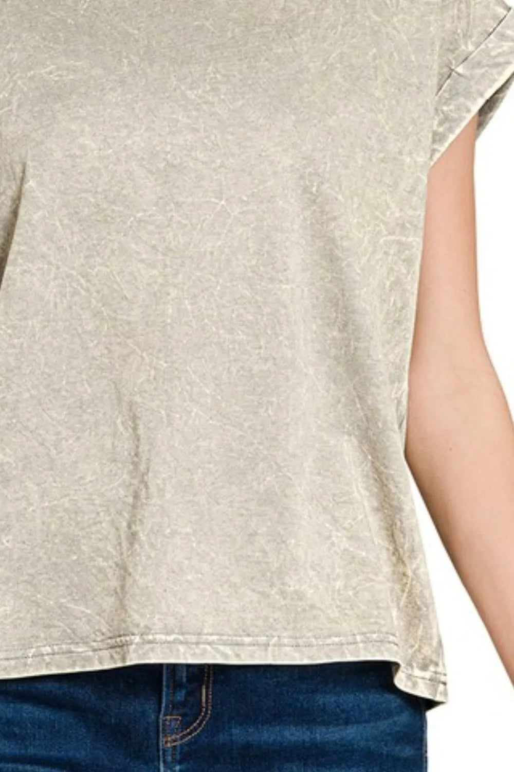 Zenana Sleet Crinkle Washed Round Neck Folded Short Sleeve Tee