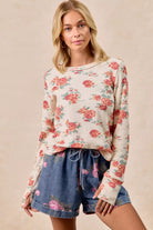 BiBi Oatmeal Floral Print Washed Waffle Thermal Top With Thumb OATMEAL