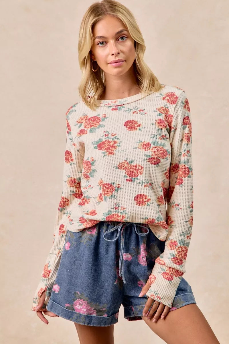 BiBi Oatmeal Floral Print Washed Waffle Thermal Top With Thumb OATMEAL