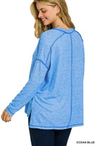 Zenana Ocean Blue Soft Melange Hacci Exposed Seam Hi-low Tee