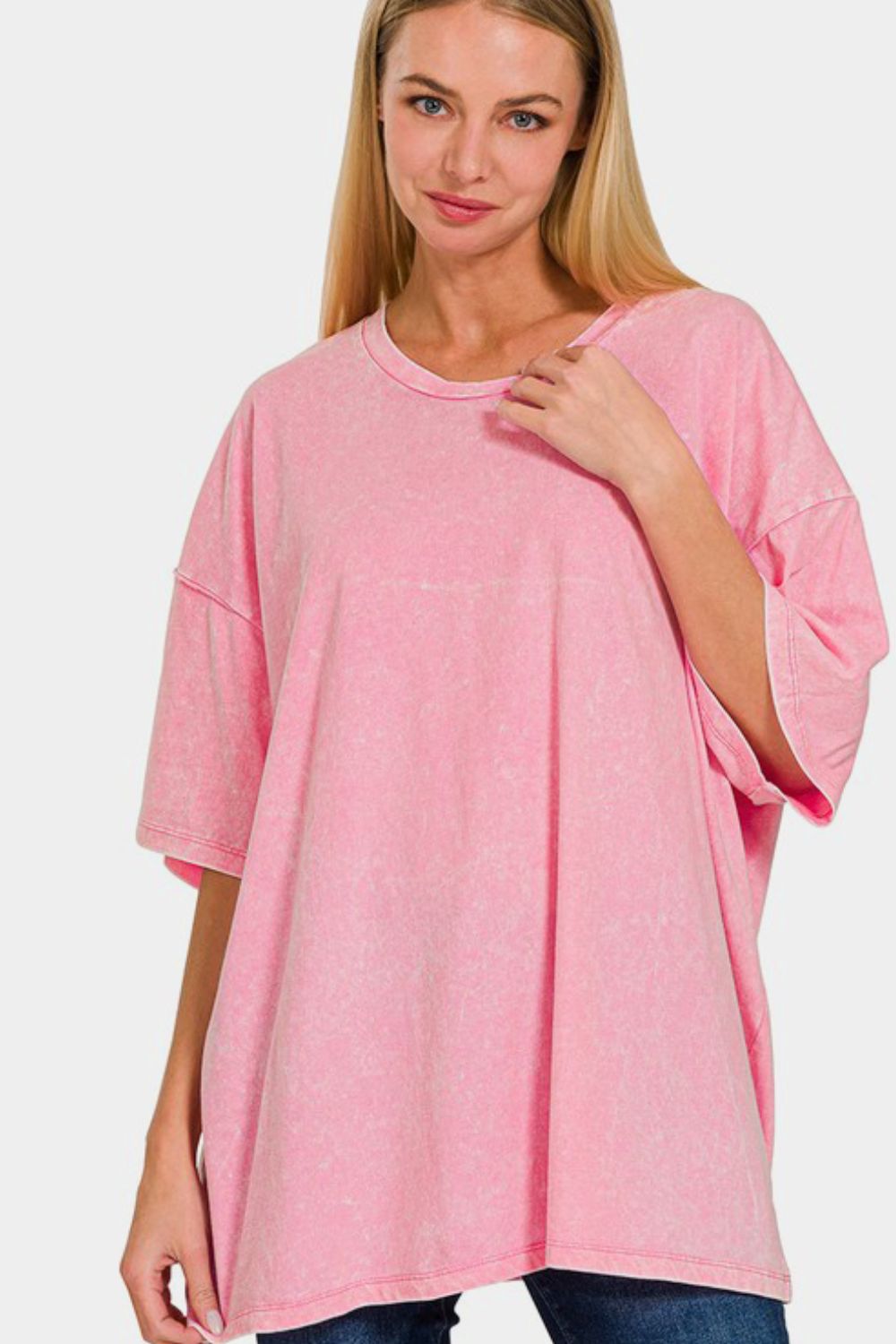 Zenana Pink Acid Washed Boxy Fit Drop Shoulder Oversized T-Shirt Pink Shirts & Tops