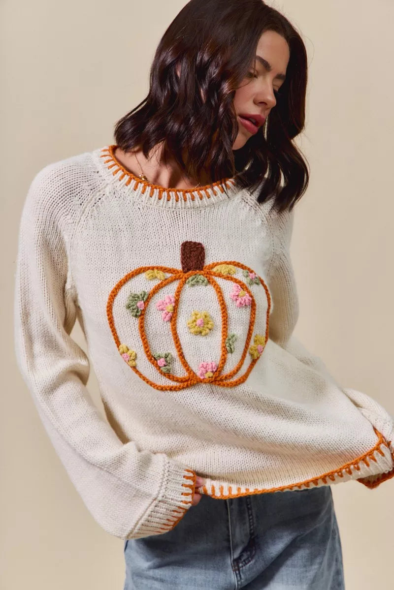 SO ME Pumpkin Floral Embroidered Thanksgiving Sweater
