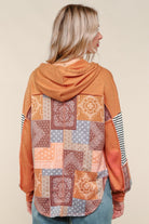 Haptics Rust French Terry Stripe & Printed Patchwork High Low Hoodie