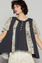 POL Deep Charcoal Frayed Hem Half Button Short Sleeve Printed Blouse