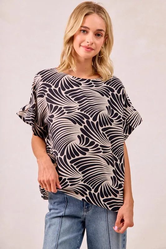 BiBi Black Print Woven Ruffled Sleeves Top