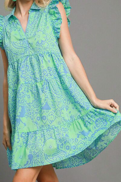 Umgee Gum Leaf Printed Ruffle Cap Sleeve Babydoll Dress Gum Leaf