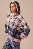 BiBi Drawstring Multi Color Plaid Drop Shoulder Hoodie