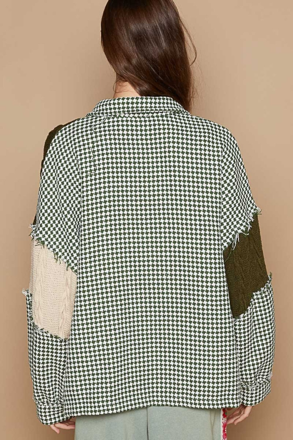 POL Olive Multi Houndstooth Contrast Cable Knit Pocket Shacket Trendsi