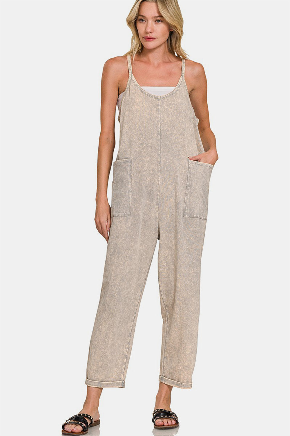 Zenana Sleet Acid Washed Spaghetti Straps Overalls with Pockets Sleet Trendsi