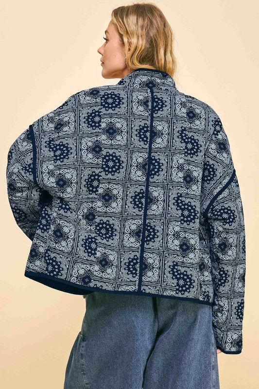 Davi & Dani Vintage Bandana Print Quilted Open Front Jacket with Pockets Coats & Jackets