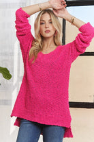 ADORA Hot Pink High-Low Side Slit V-Neck Sweater Hot Pink