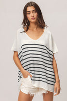 BiBi V Neck Striped Short Sleeve Top Trendsi