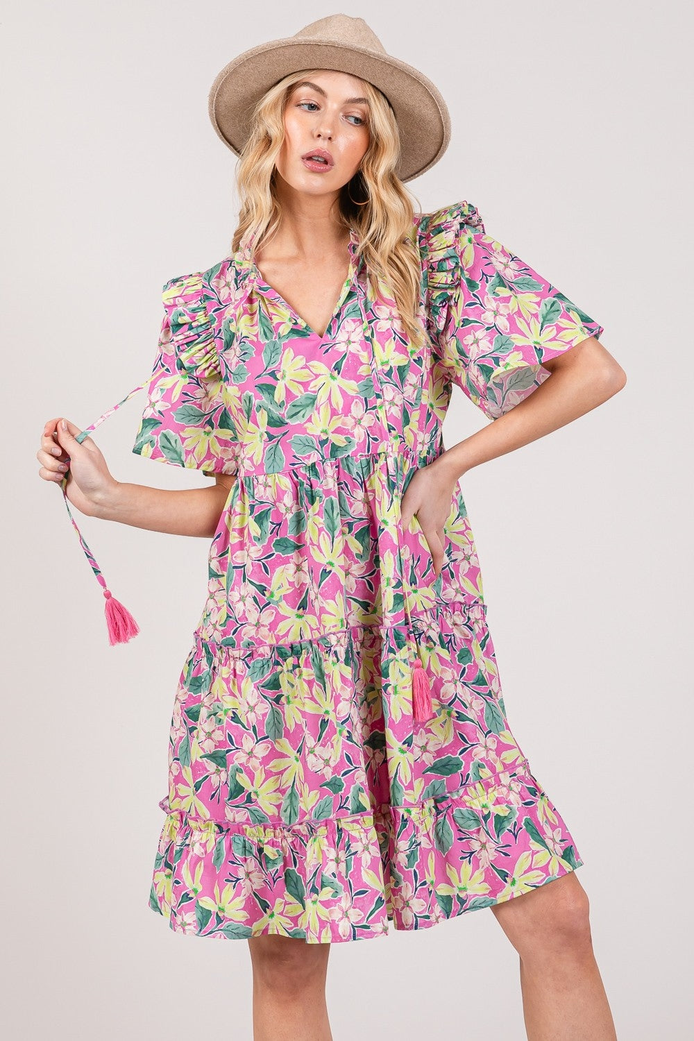 SAGE + FIG Pink Floral Ruffle Short Sleeve Dress Trendsi