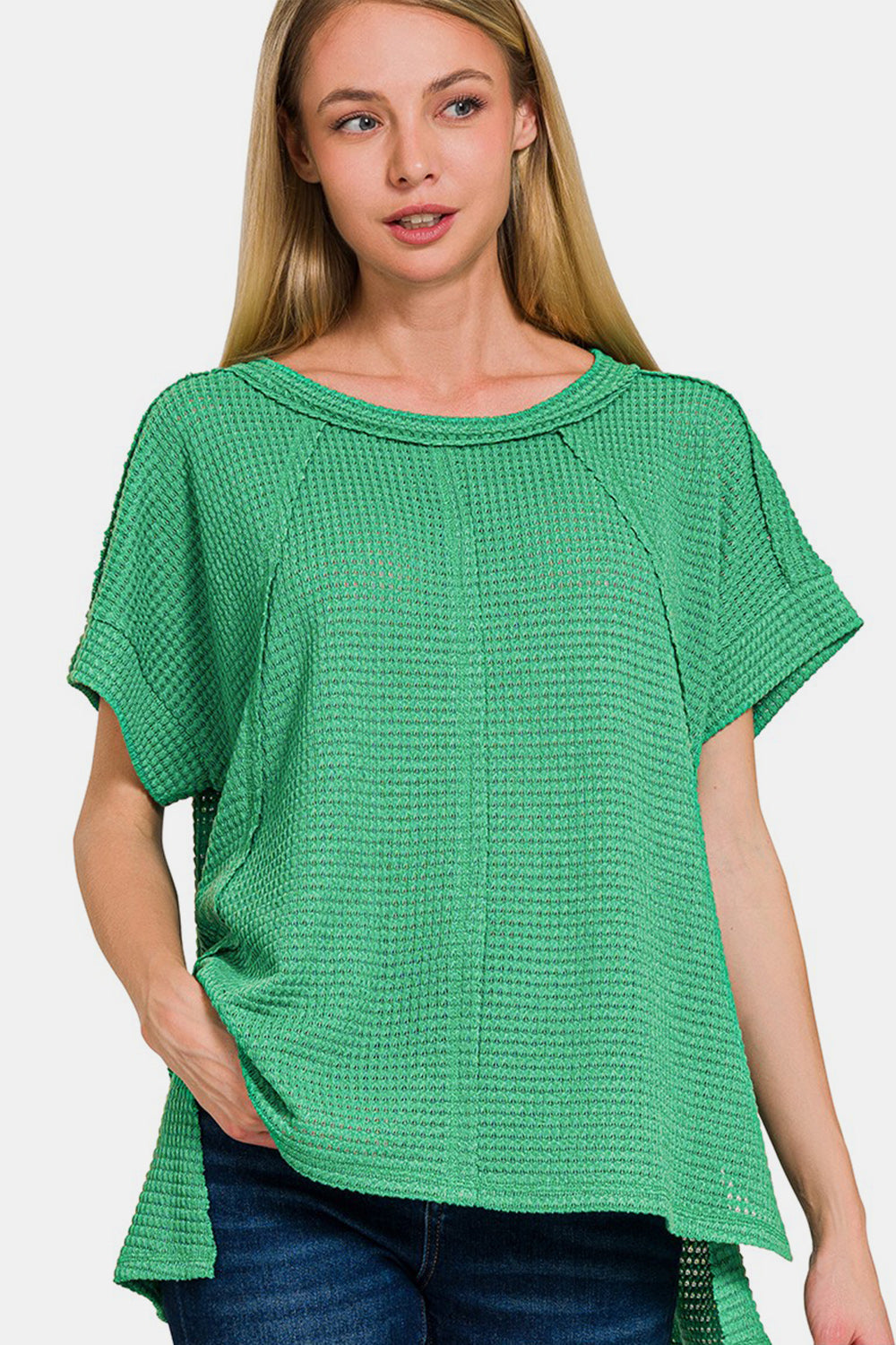 Zenana Kelly Green Waffle Exposed-Seam Short Sleeve T-Shirt K Green Trendsi