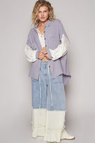 POL Ash Grey Openwork Lantern Sleeve Button Down Gauze Shirt Shirts & Tops