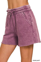 Zenana Eggplant Acid Wash Fleece Drawstring Shorts With Pockets