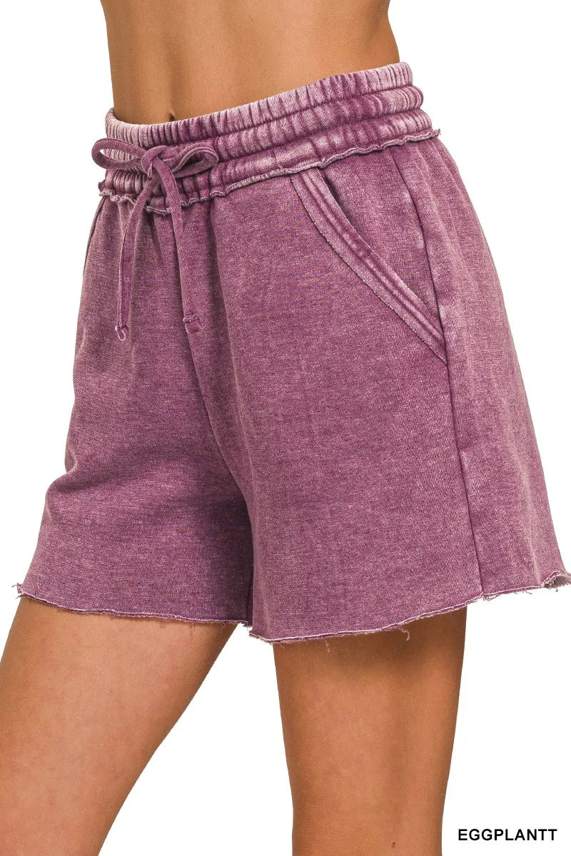 Zenana Eggplant Acid Wash Fleece Drawstring Shorts With Pockets