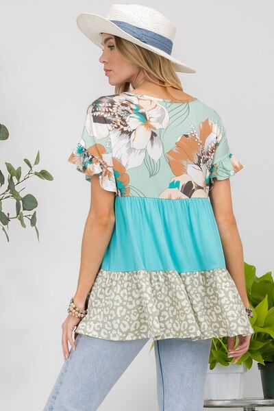 Celeste Printed Color Block Ruffled Short Sleeve Top