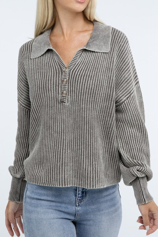 Zenana Washed Collared Henley Sweater in 6 Colors! MOCHA ZENANA