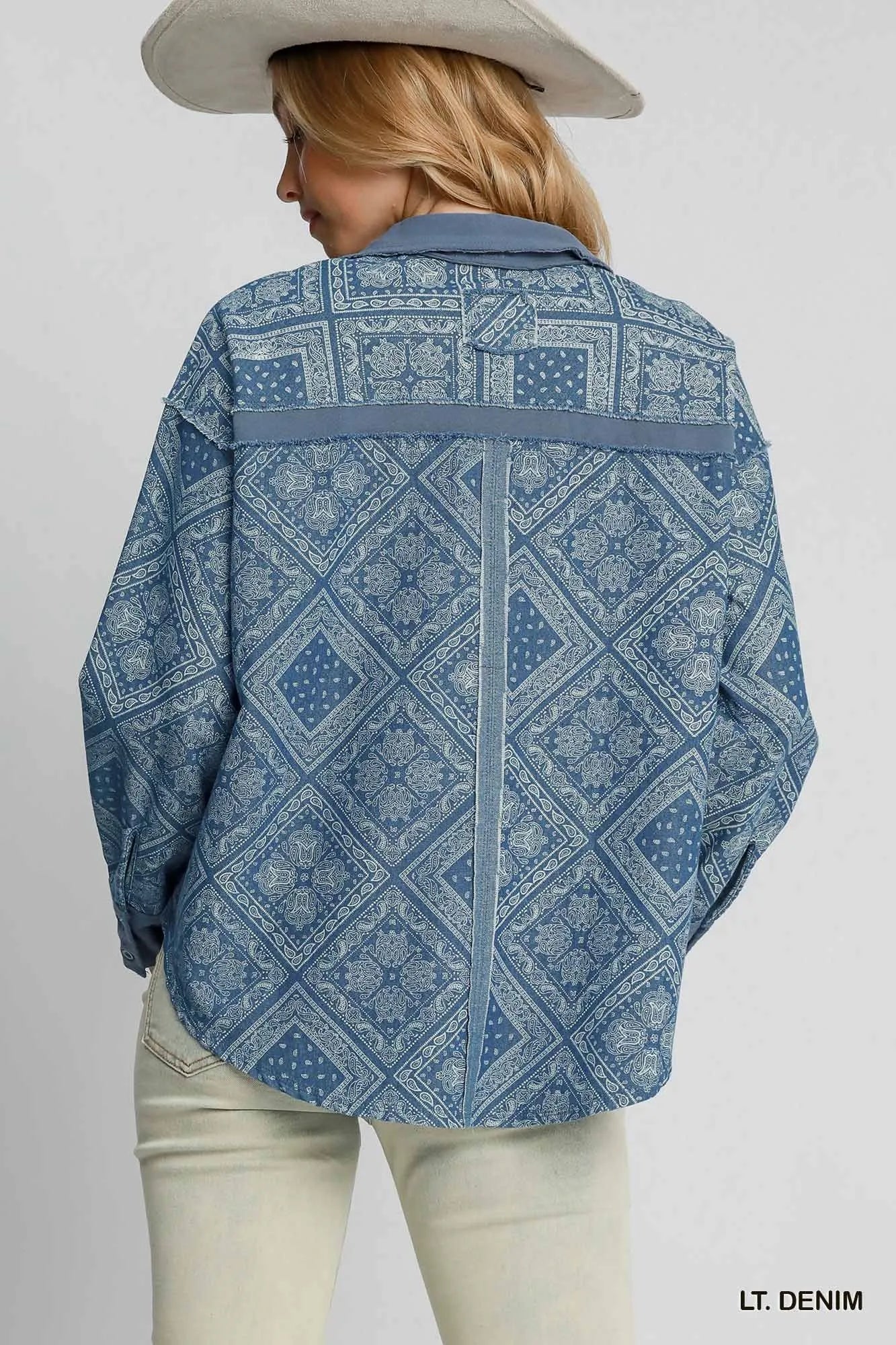Umgee Light Denim Paisley Print Denim Shirt Jacket