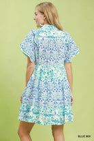 Umgee Blue Mixed Floral Tiered Mini Dress with Flutter Sleeves