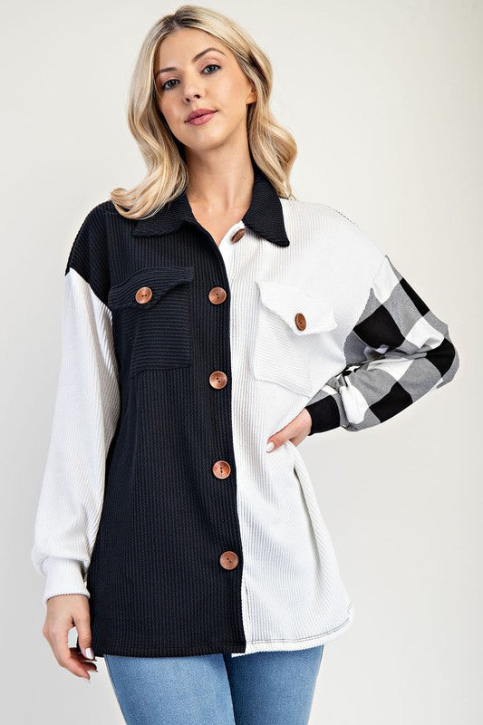 Celeste Plaid Contrast Button Up Shacket White