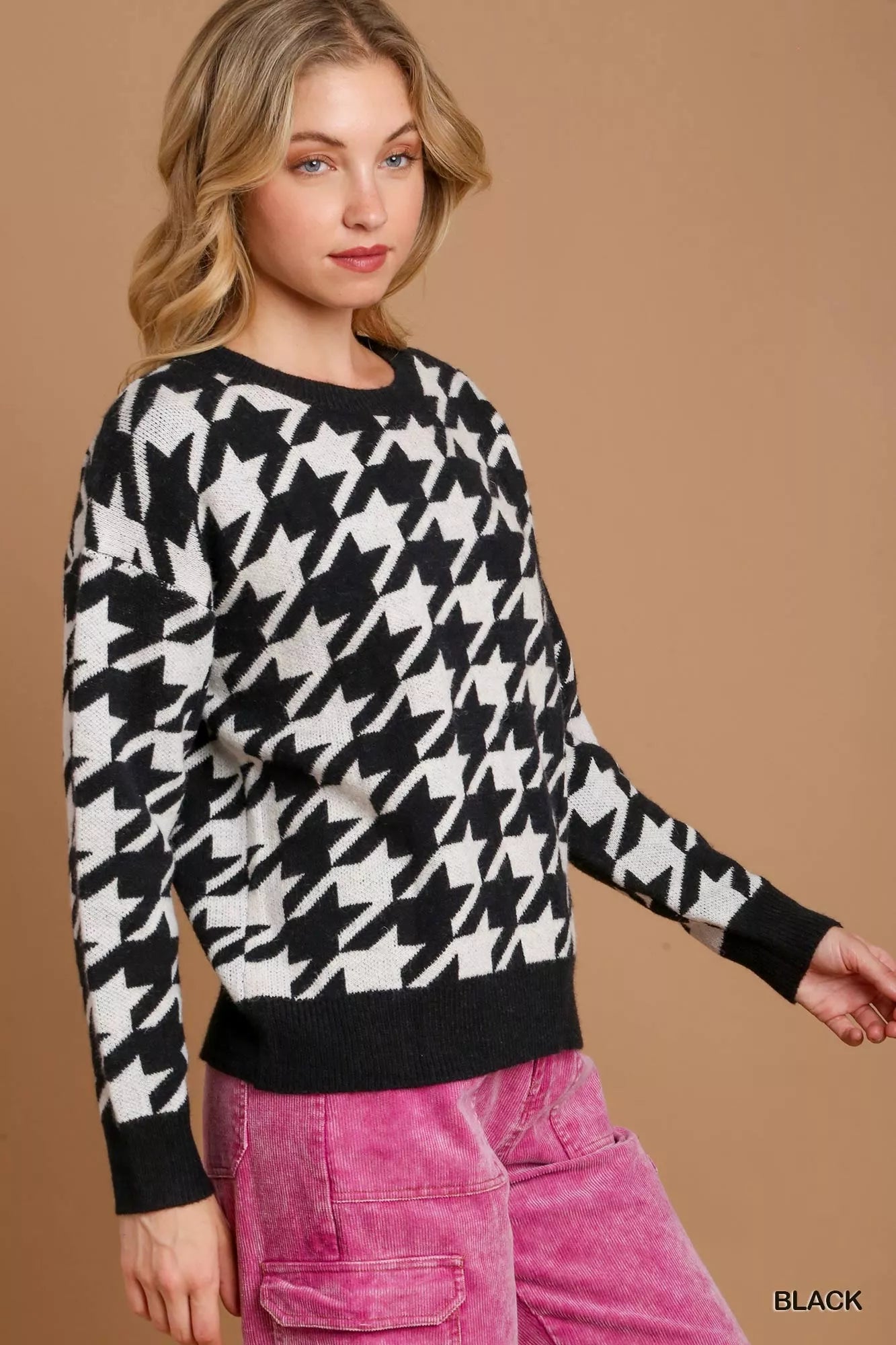Umgee Black Houndstooth Round Neck Sweater